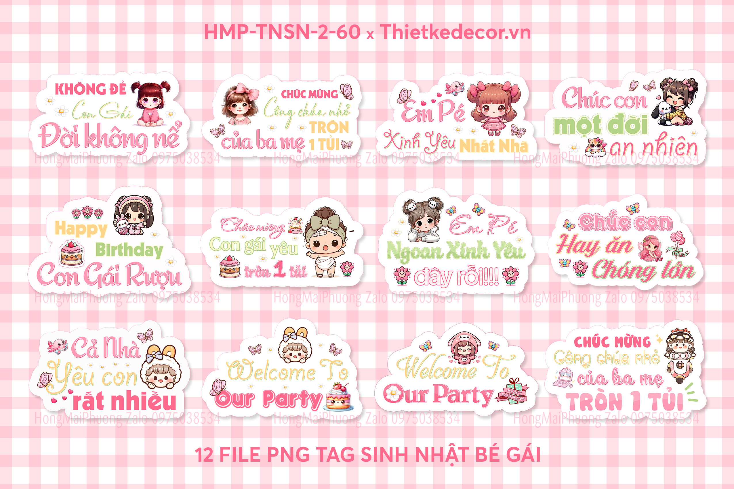 12 File Png Tag sinh nhật bé gái tone hồng